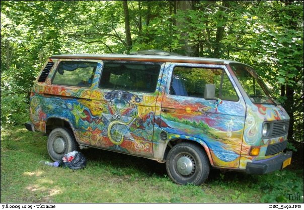 hippie van on the way to a rainbow gathering